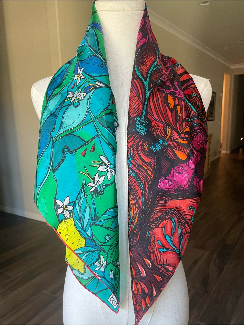 BerriBlue "Borderline" 100% Silk Scarf 33" Hand Rolled Wearable Art Mint